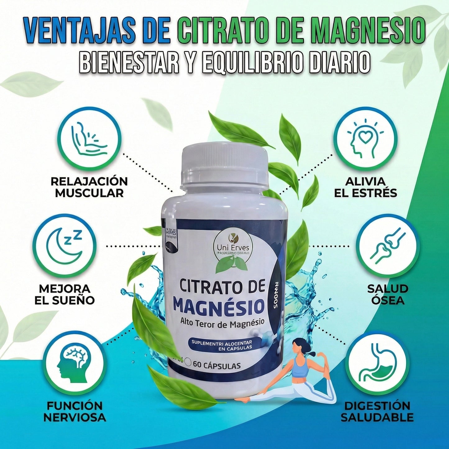 Magnesio 60 Cápsulas Suplemento Nutricional Adultos Rutina Diaria